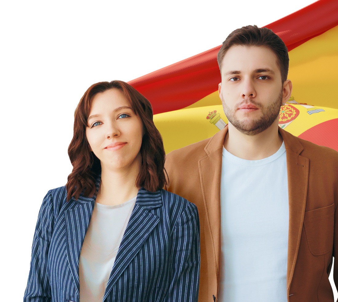 SpainBridge founders Olga and Nikita with the Spanish flag