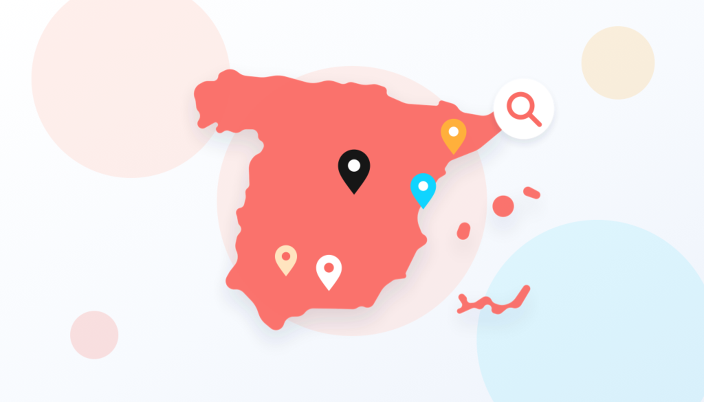 Map of Spain with location pins on major cities